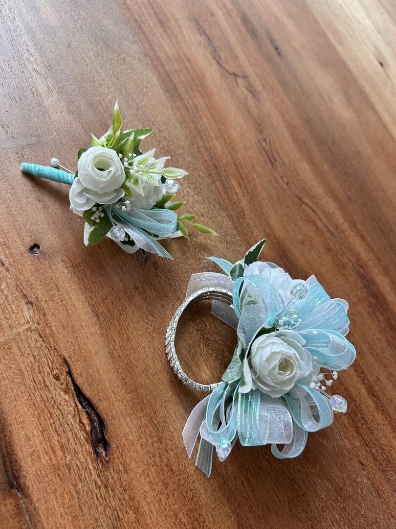 WHITE LIGHT BLUE WRIST CORSAGE SET | MakerPlace by Michaels WHITE LIGHT BLUE WRIST CORSAGE SET | MakerPlace by Michaels
